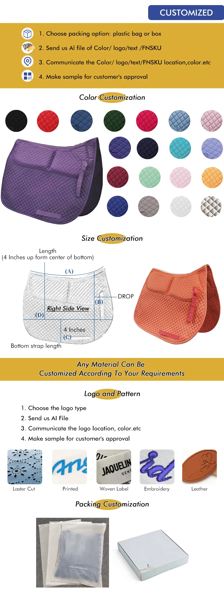 Customized Colors Luxury Western Horse Racing Equestrian Dressage Saddle Pads Wholesale