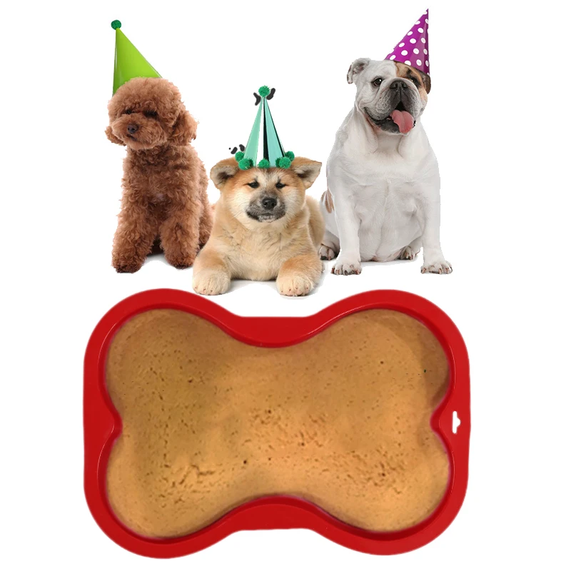 Dog Birthday Cake Mold Dog Bone Shaped Silicone Cake Pan Non-stick Pet Food Mold with Decorating Pen (Red)