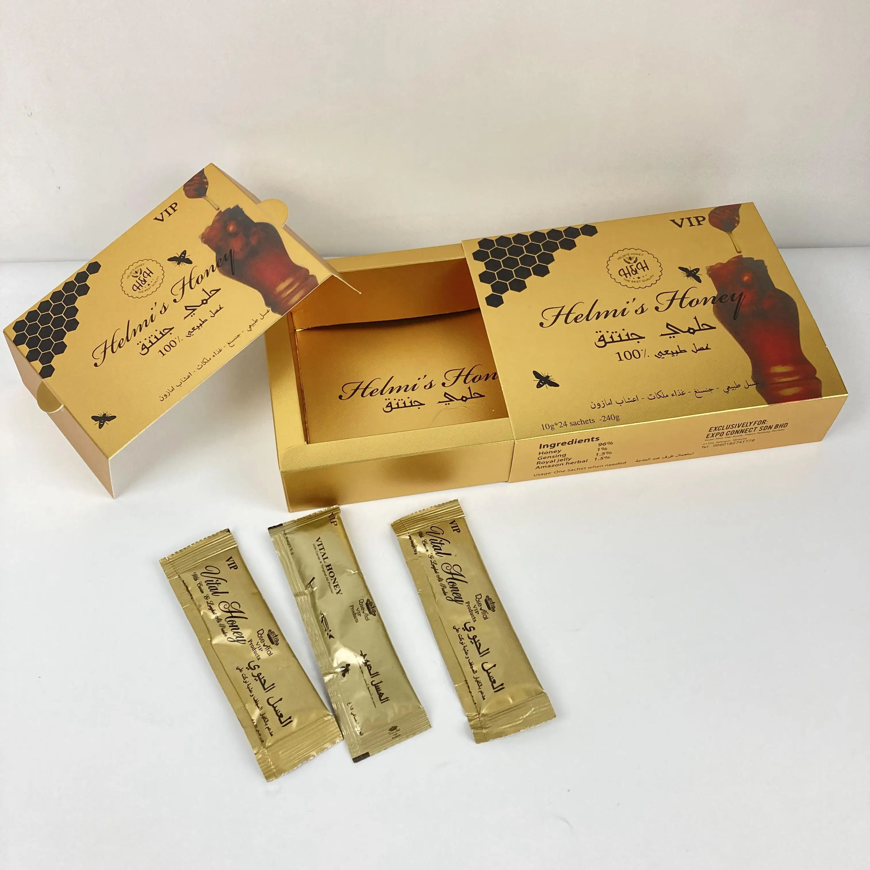 Индивидуальная Золотая печать Vital Vip медовая упаковка Саше цветы HMF Royal Honey для