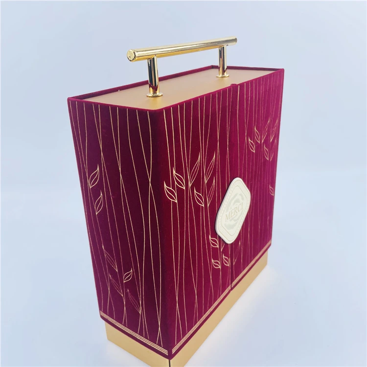 Recyclable Velvet Fabric Golden Color Strong Magnetic Paper Perfume Packaging Gift Cardboard Box Stainless Steel Handle