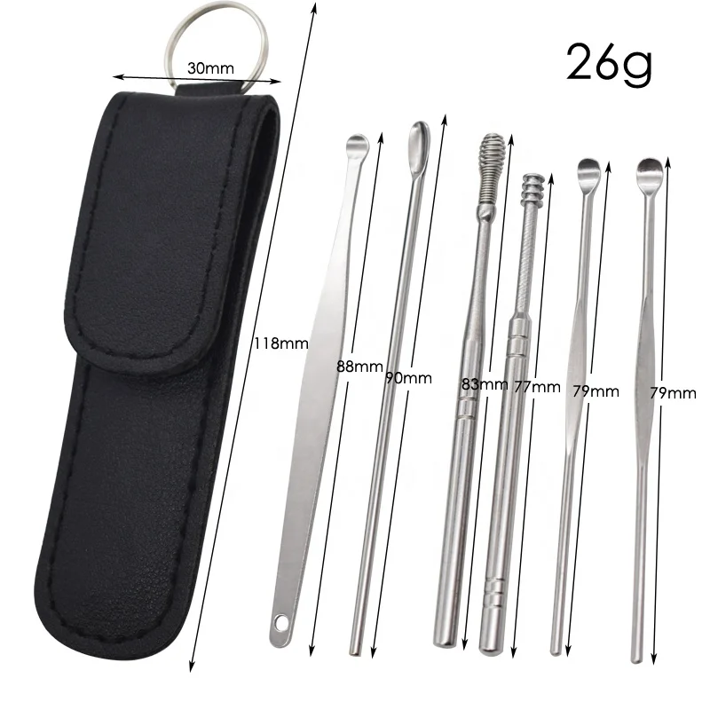 Leather case packaging stainless steel ear pick 6 sets