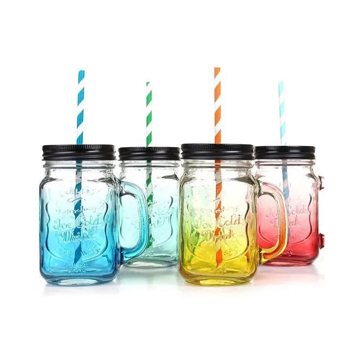 500ml Wide Mouth  Glass Drinking Water Cup 16 oz Glass Mason Jar  With Handle With Metal Lid