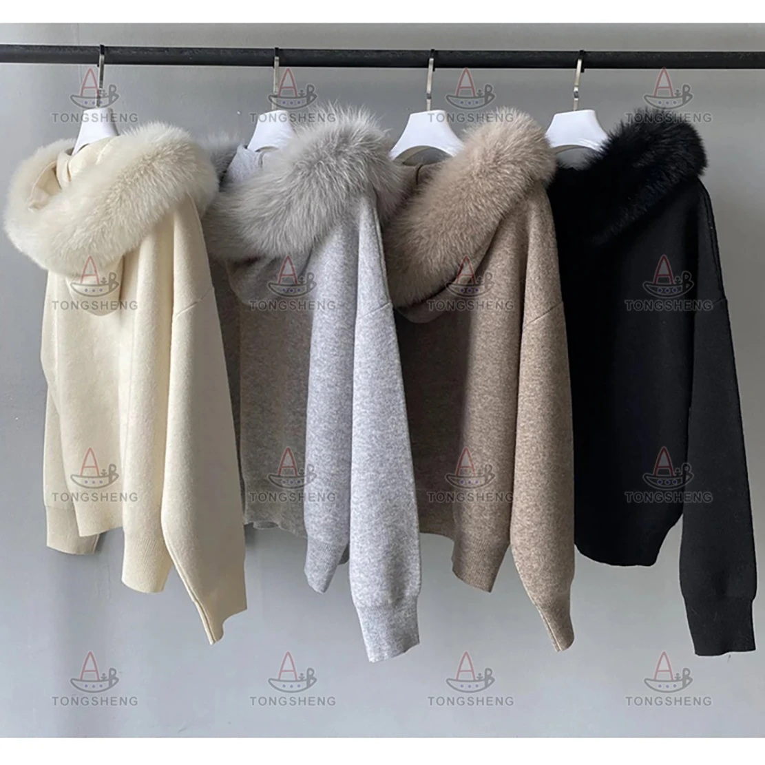 High Quality Fur Collar Hooded Pullover Sweater Pants Two Pieces Set Soft Custom Women Wool Hoodie Fur Sweater Set