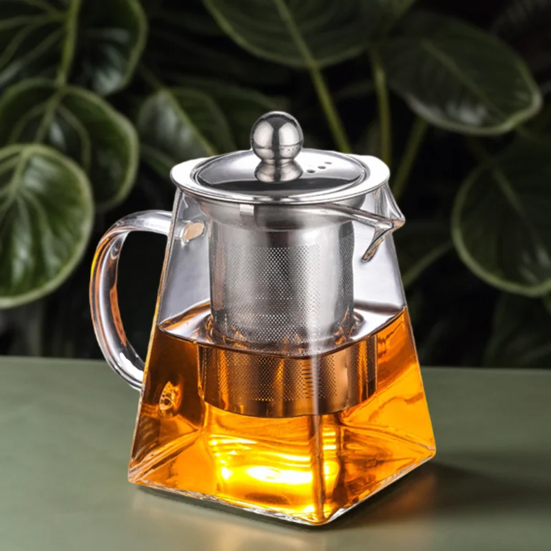 Transparent Heat Resistant Square Shape borosilicate Glass Teapot with Stainless Steel Infuser glass kettle with filter