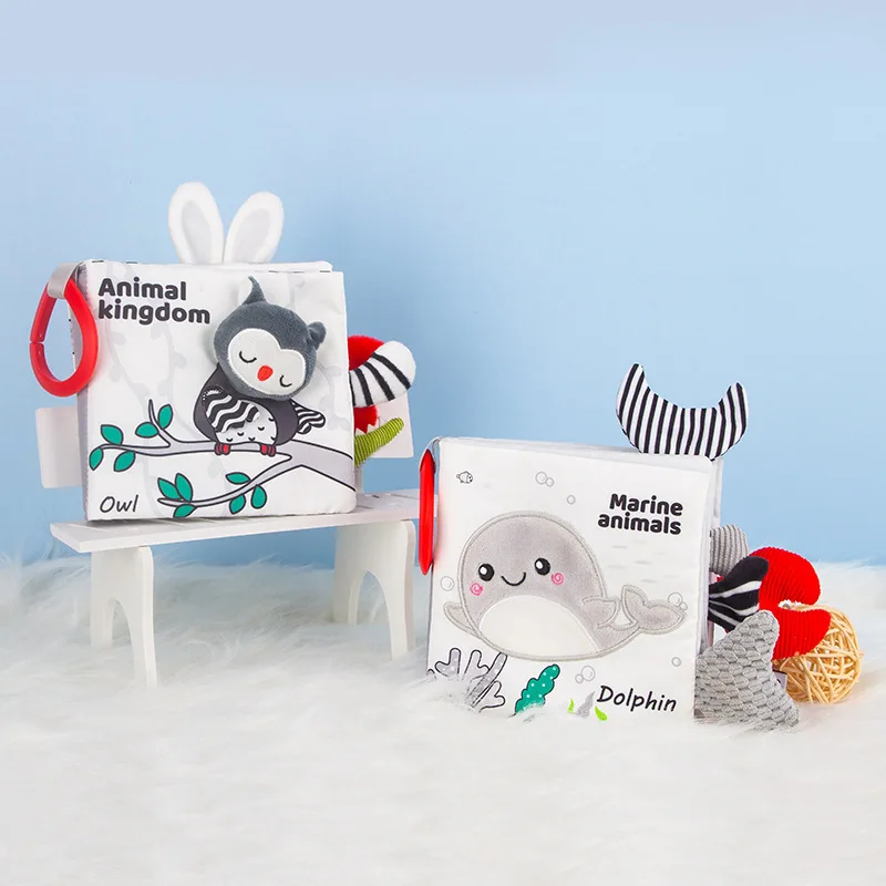 Wholesale New Design Cute Black And White Animal 3D Tails Untear-off Sounds Sensory Cloth sample Book Baby Early Education Toys