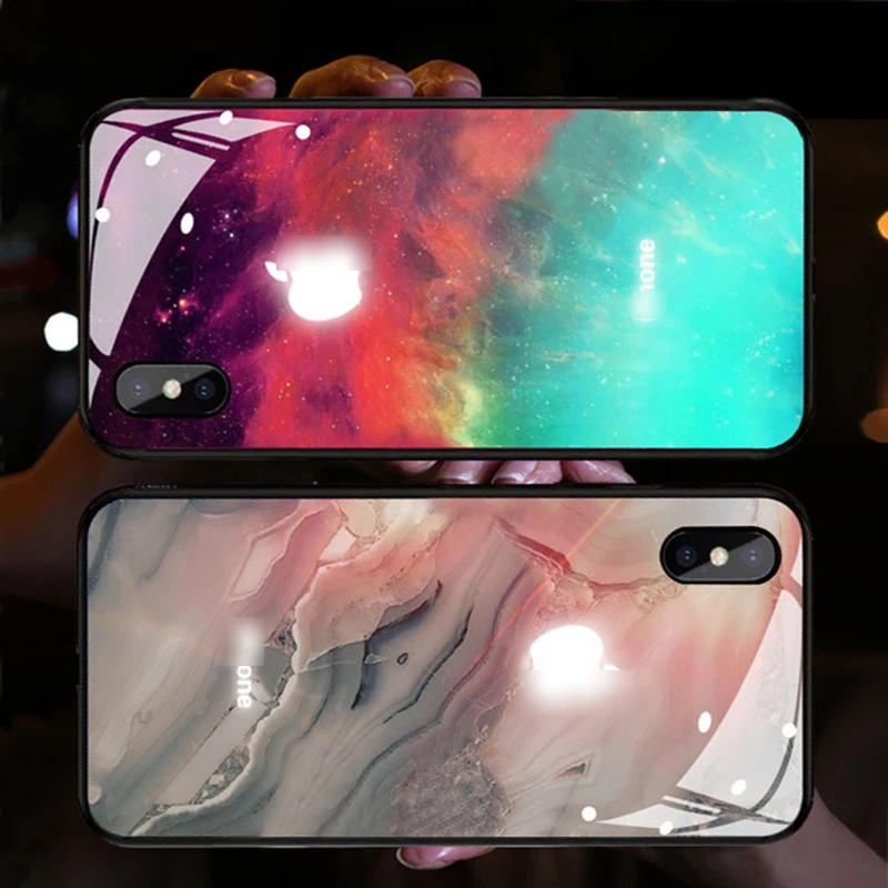 Чехол для мобильного телефона с кольцом и звуковым управлением для Apple, логотип Iphone 6 7 8 11 12 PRO MAX, защитный стеклянный чехол с подсветкой