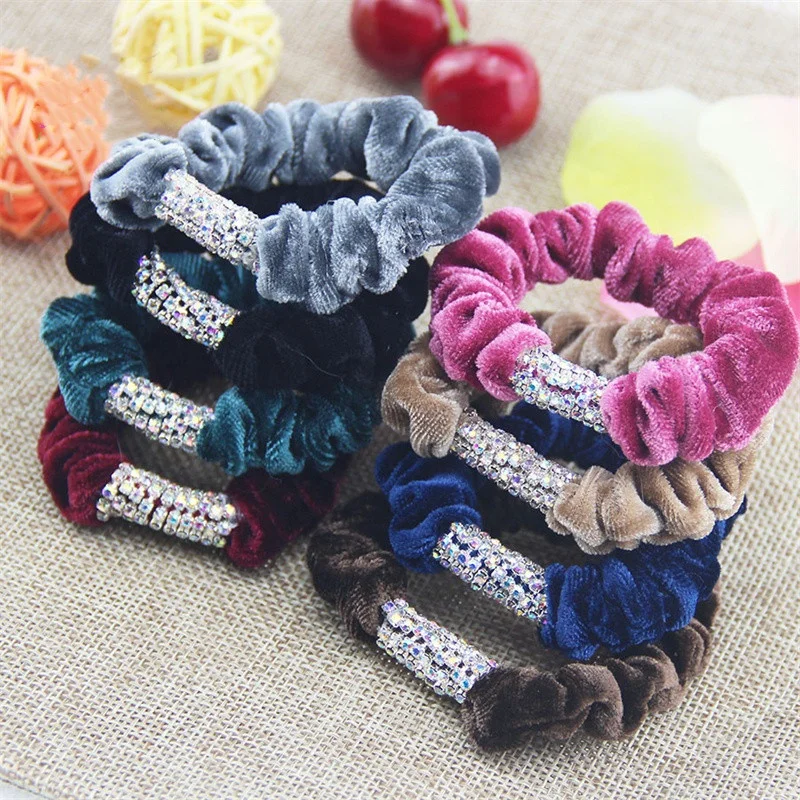 Custom Shiny Rhinestone Velvet Elastic Hair Rope Scrunchie Stretch Hair Tie For women Girl Hair Accessories Ponytail Holder