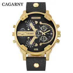 CAGARNY 6820 Luxury Brand Golden Watches Men Fashion 2 Time Zone Calendar Hot Quartz Stainless Steel Glass Waterproof Acrylic
