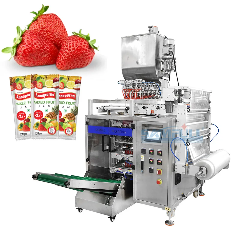 Automatic multilane mix fruit jam filling machine 4 side seal sachet strawberry jam packing machine