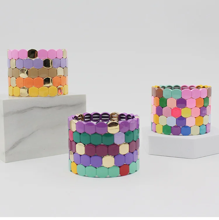 Tile Bracelet Charm Customized Adjustable Bracelet Bohemia Paint Elastic Colorful Flower Enamel Bracelet