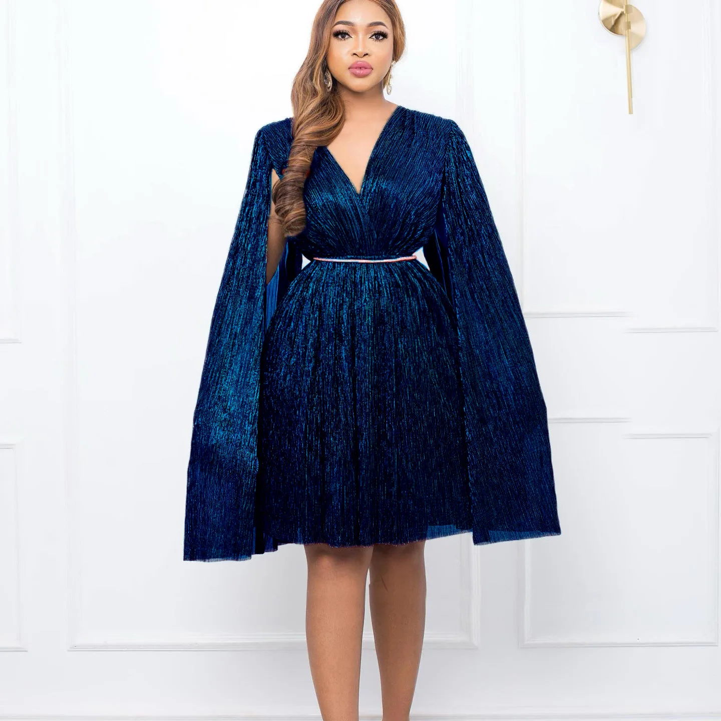 C8543 Latest Design Formal Dress For Women V-Neck Long Cloak Sleeve Waist Close Party Dresses Women Prom Dress With Belt