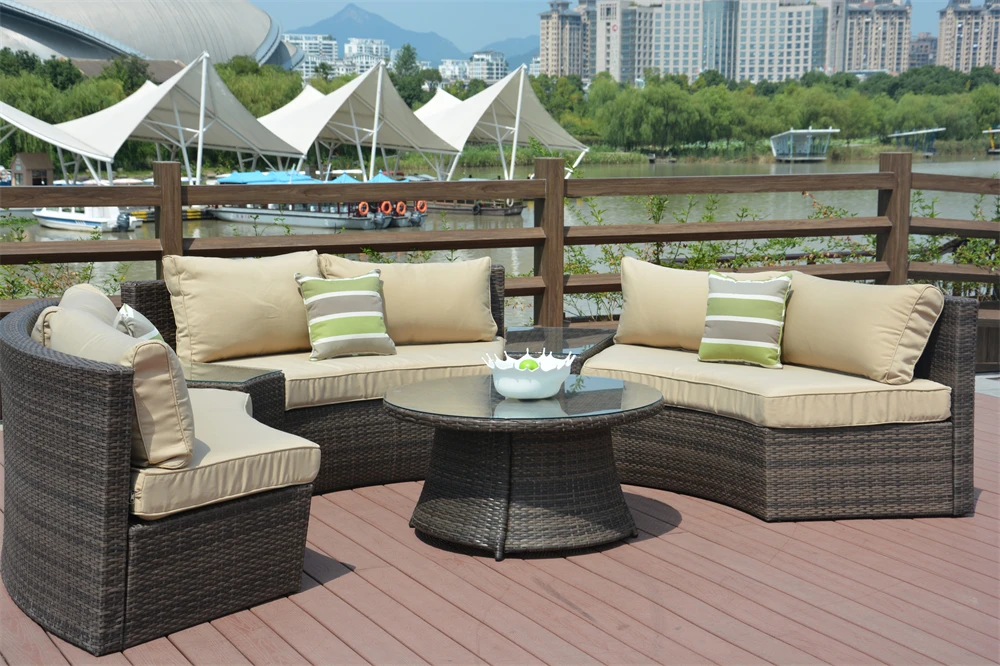 Outdoor flexible combination of aluminum rattan sofa includes double sofa and two side tables and a table