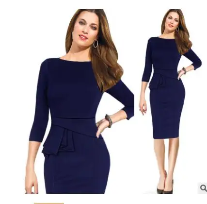 Elegant Women Work Wear Business Dress Plus Size Three Quarter Sleeve Slim Fitted Bodycon Casual Office Peplum Ladies Dress