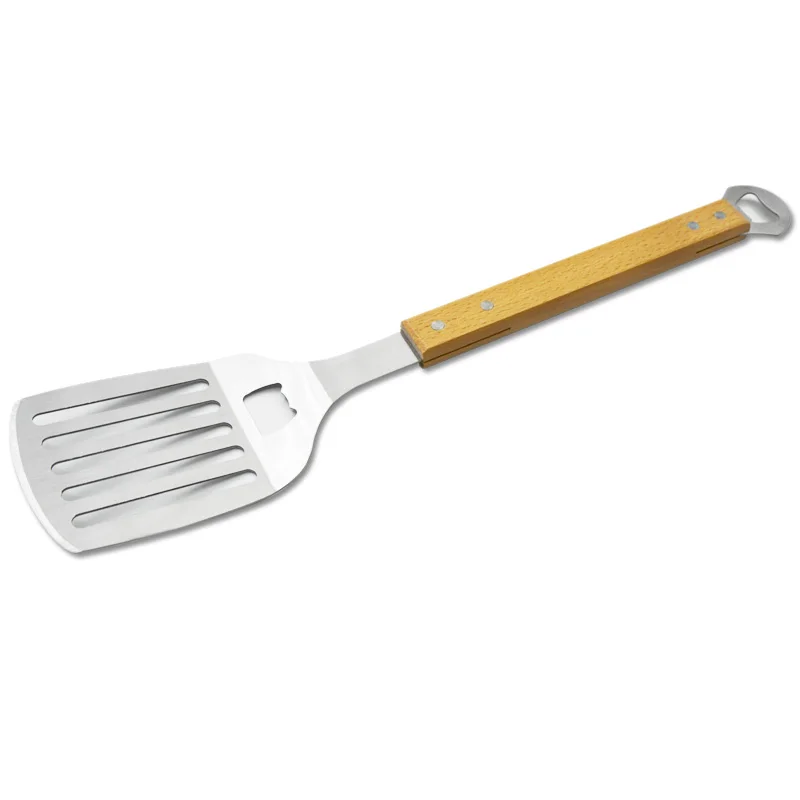 Customized Available Wood Handle Stainless Steel BBQ Spatula With Beer Bottle Opener Grill Spatula Kitchen Turner