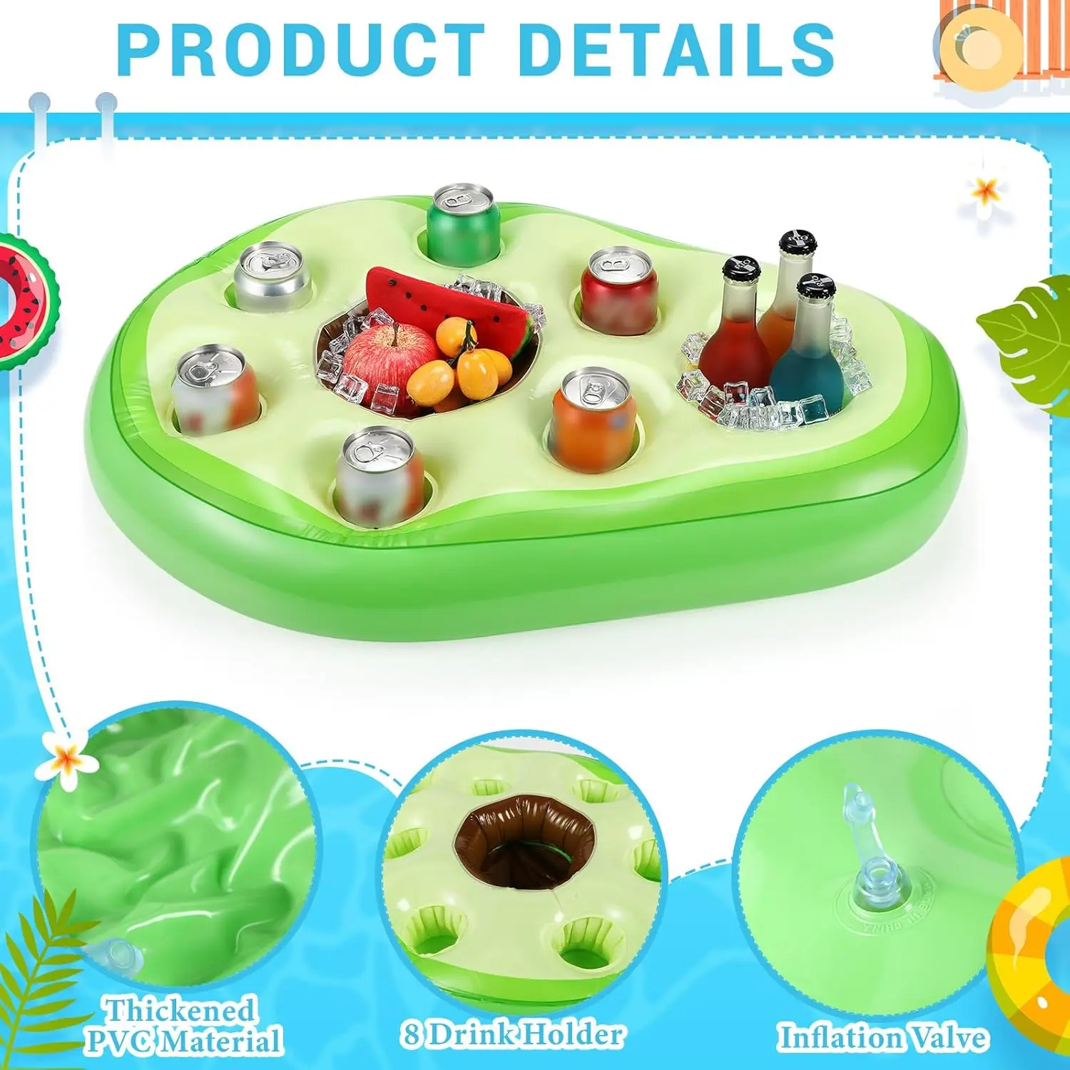OEM Avocado Inflatable Floating Pool Bar Blow Up Drink Cup Holder Ice Bar Summer Party PVC Floating Food Tray Beach Bar Float