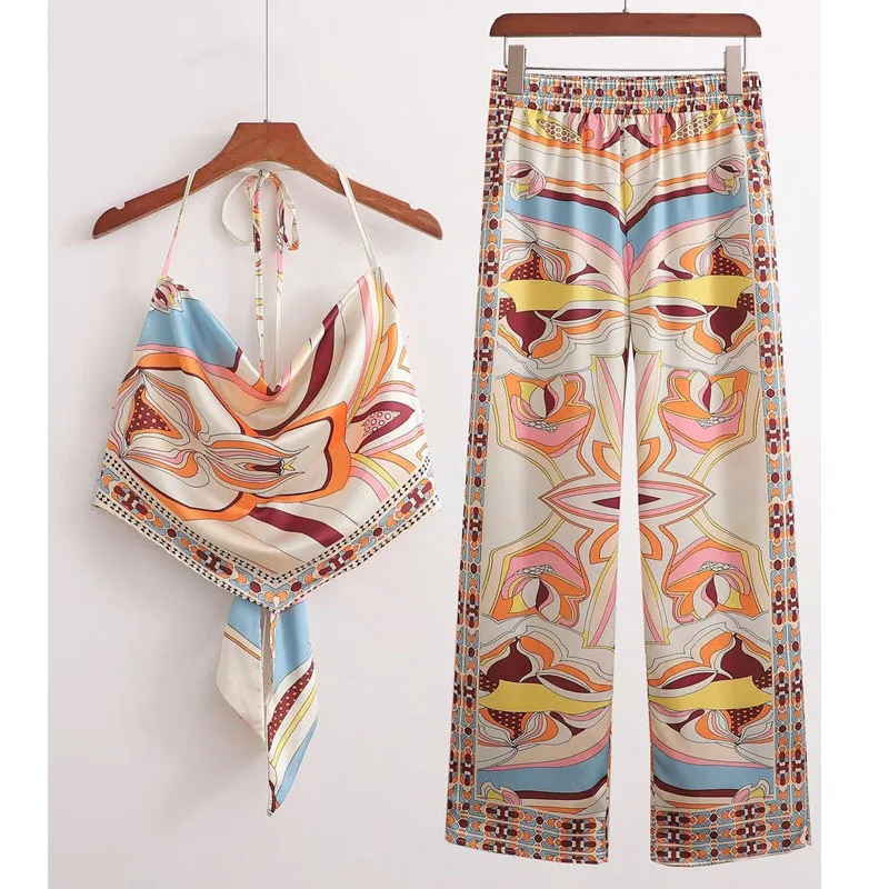 TZ6911    New 2023  European Chic Summer Design Print Tank Top + Pants Set Women Two Pieces Sets Clothing 2