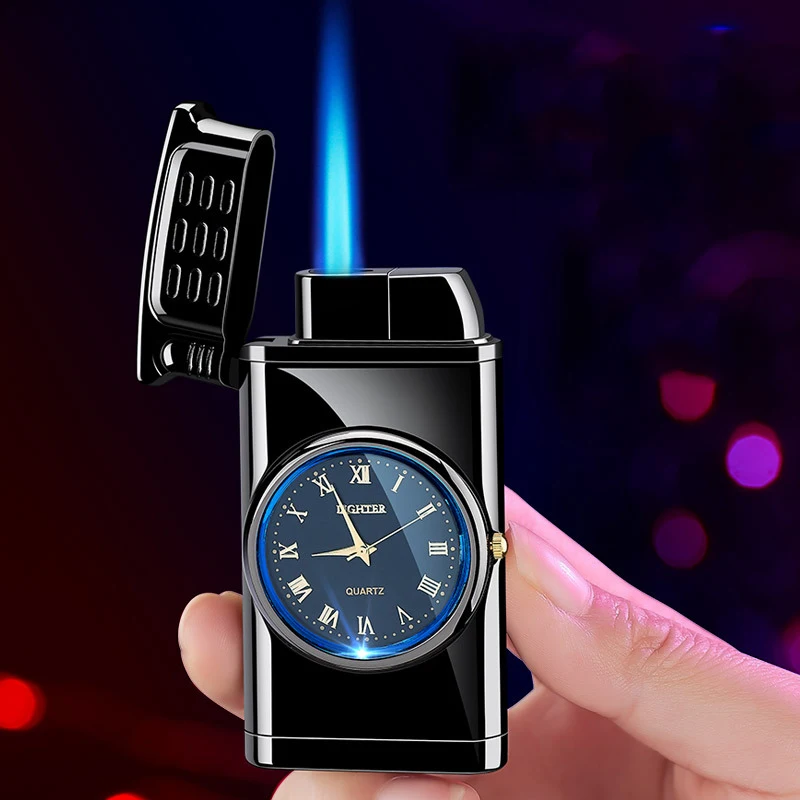 Fashion Design Blue Flame Lighter with Lighting Function Quartz Watch Dial Portable Commercial Cigarette Lighter for Gift