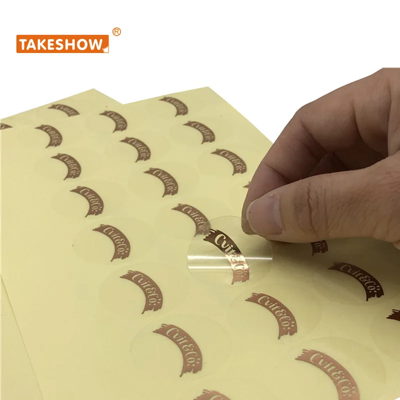 Custom logo pattern transparent label sticker Transparent Labels Clear Gold Foil Self Adhesive Private Stickers Printing