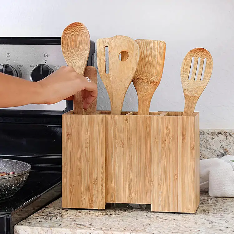 Natural Bamboo Expandable Cooking Utensil Kitchen Tool Holder Natural Spatula Spoon Caddy Counter Stove Top Organizer