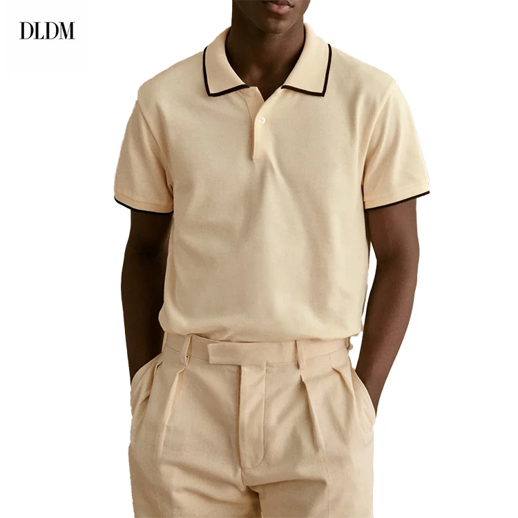 DLDM OEM Custom Design Noble Mature Botton Short Sleeves Ribbed Beige 100 Cotton Knitted Polo Shirt Polo Neck Sweater for Men