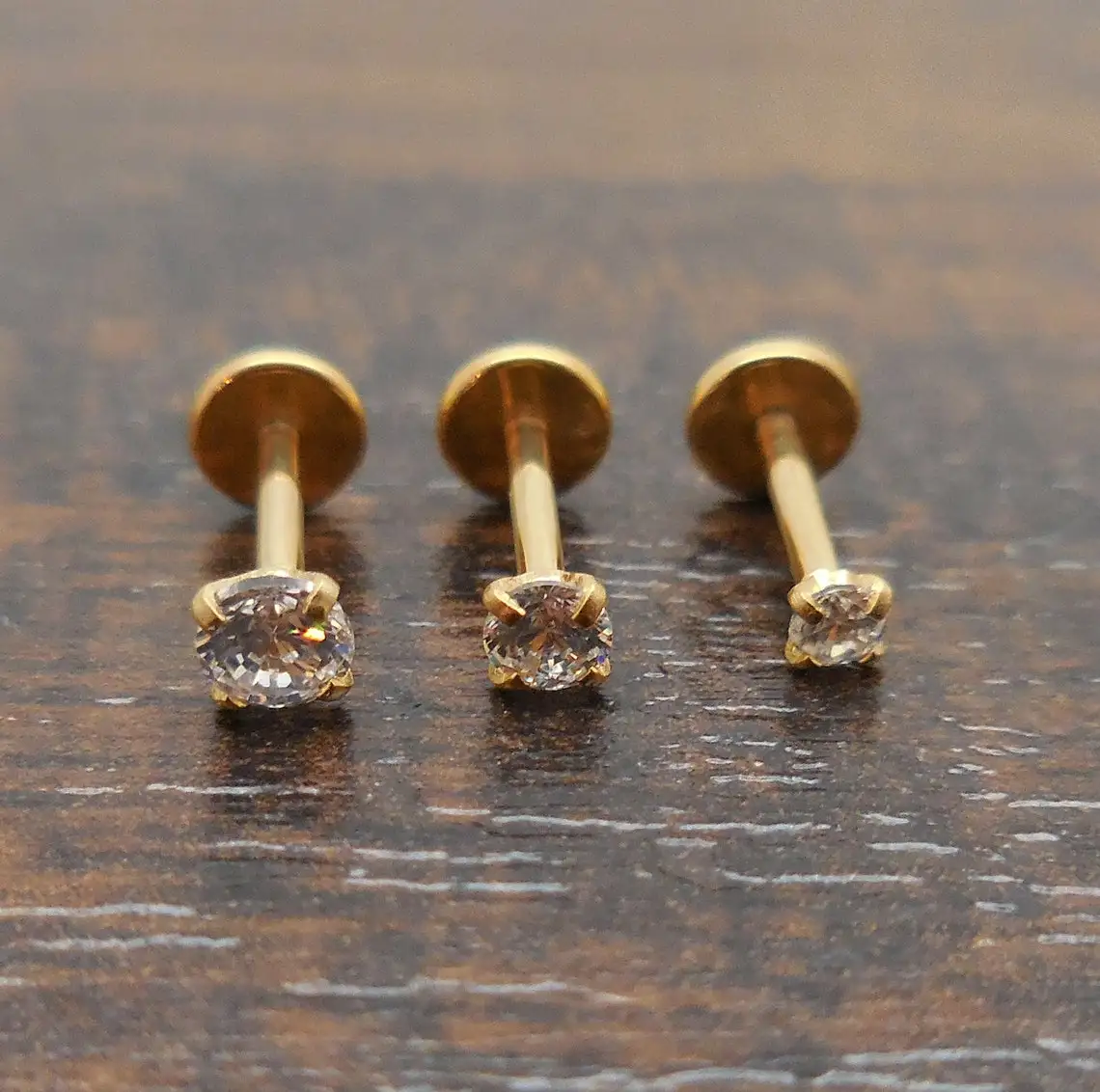 18g 2-4mm Tragus Threadless Push Pin 6mm-8mm Nose Ring Cartilage Earrings Gold Tone Labret Prong Set Clear CZ Stone