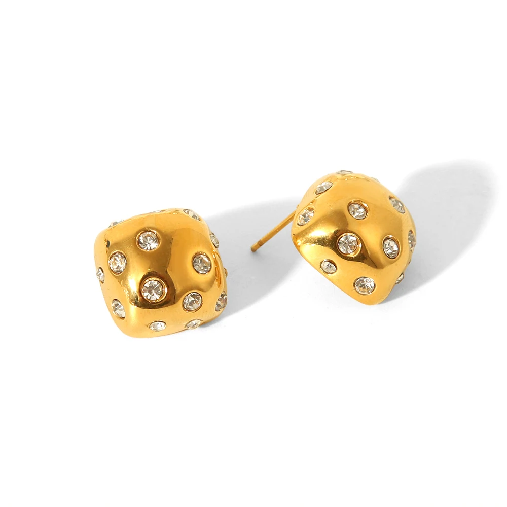 Ins Fashionable 18K Gold Plated Stainless Steel Inlaid Zircon Studs Chubby Square Shaped Earrings Non Tarnish And Hypoallergenic