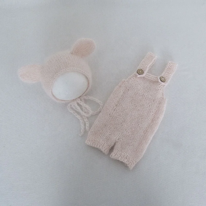 Baby Pink Outfit Angora Knit Teddy Bear Hat Romper Set Crochet Newborn Overall Photography Props Fluffy Bear Bonnet Pant Props