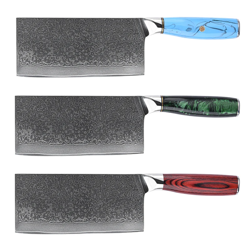 New Design Damascus Knife 67 Layer Damascus Steel Kitchen Knives 7 inch Cleaver Knife with Turquoise Resin Pakkawood