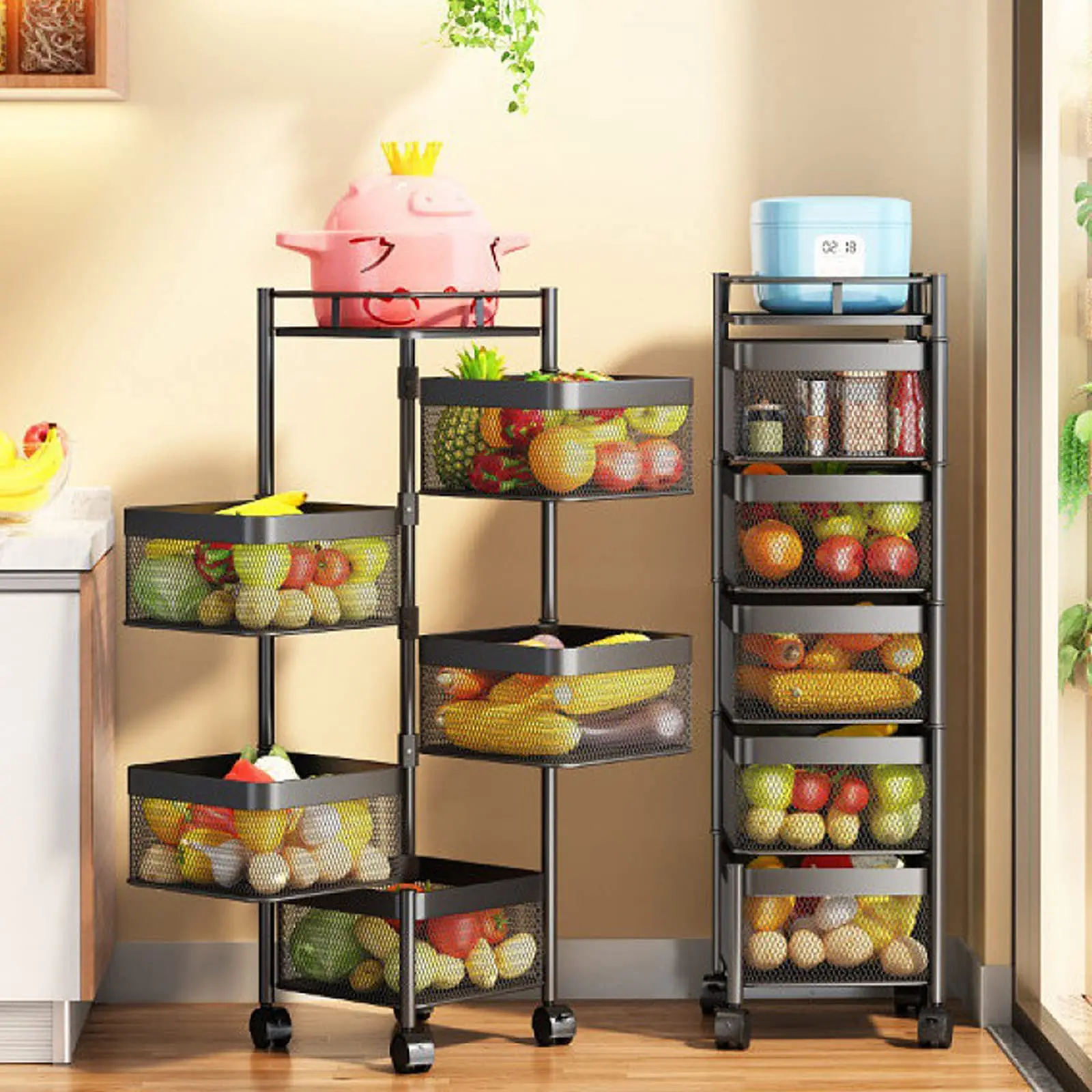 Kitchen Bathroom Rotating Fruit Vegetable Storage Basket 5 Tier Movable Square Storage Shelf Rack with Wheels