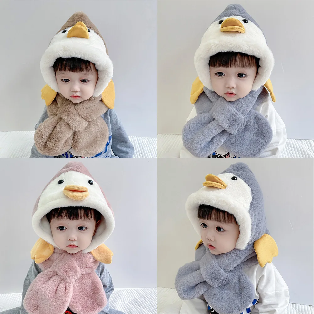 Customized hot sell children penguin scarf cute little yellow duck warm ear protection warm baby hat