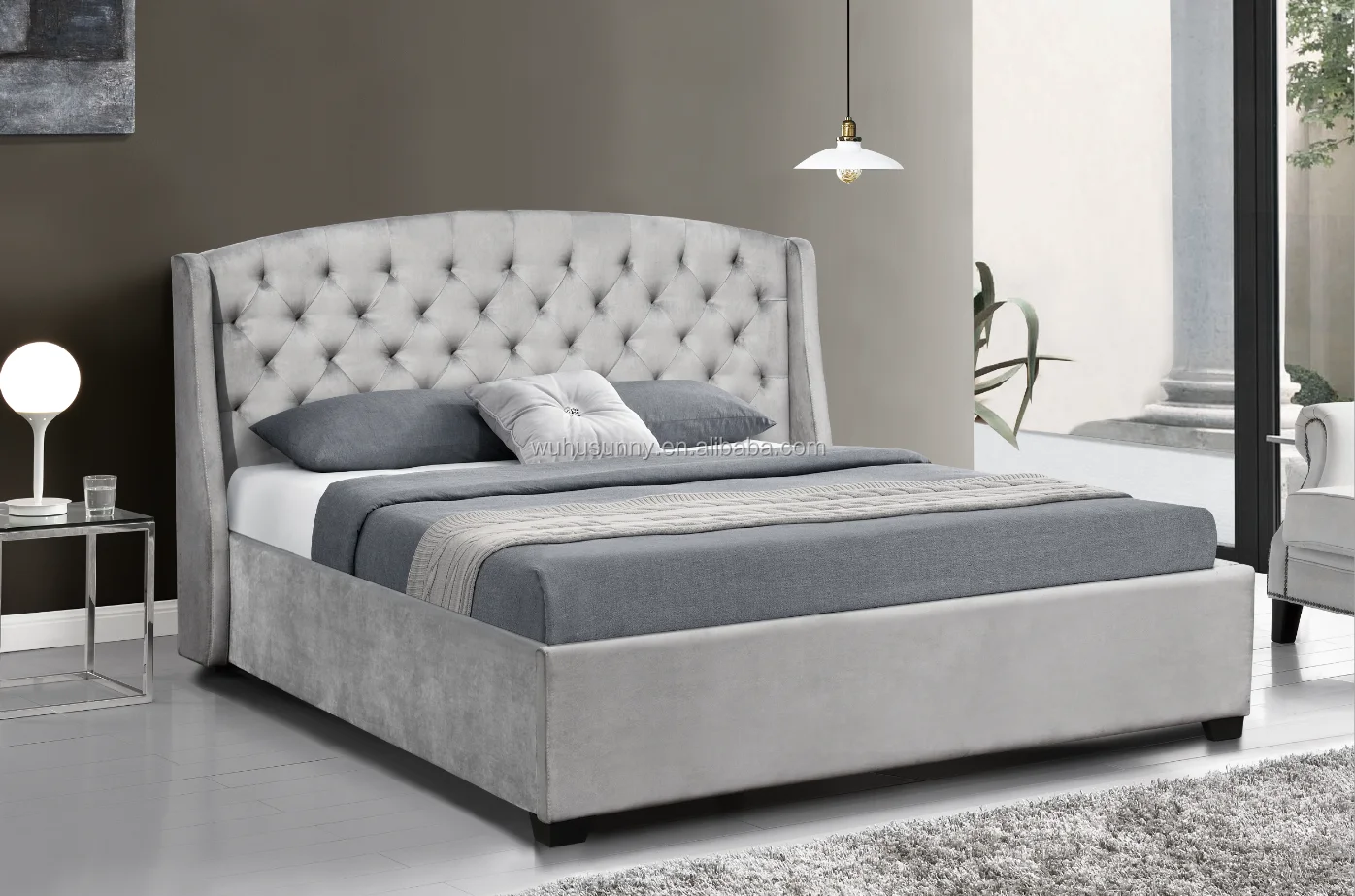 2022 Factory price wholesale queen size crush velvet fabric bed frame with headboard
