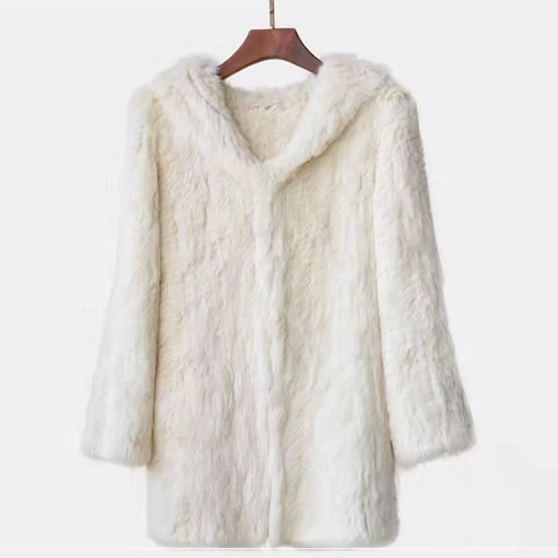 YR1209 Thick knitted top quality women rabbit fur winter coat with hood