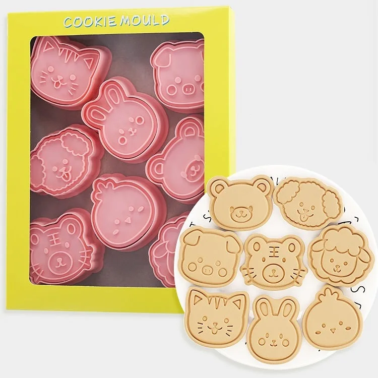 8Pcs Cartoon Animal Biscuit Mold Cute Puppy Bear Chicken Cat Tiger Pattern 3D Cookie Embosser Baking Mold Cake Decorating Tools
