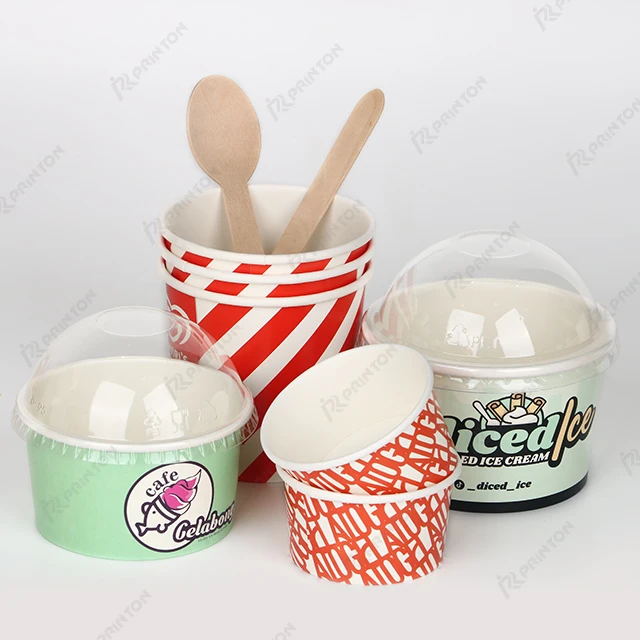 Frozen Dessert Cups with Lids Packaging, Ice Cream Containers Printon Bio Disposable Kraft Paper Food Packing Snack Container