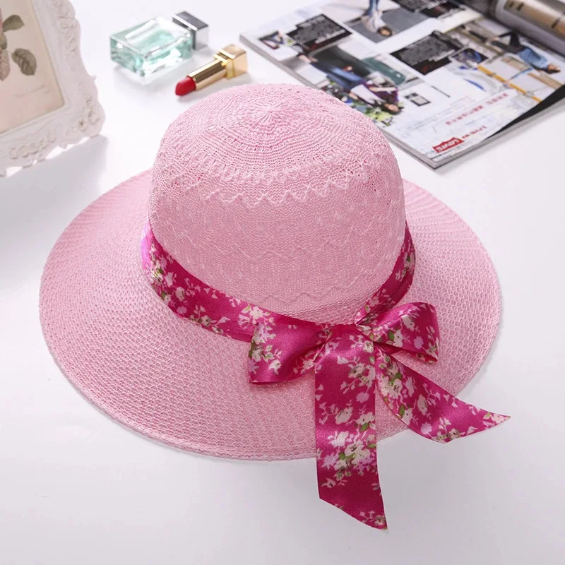 wholesale female summer outdoor sun hat raffia straw hat large brim summer straw hat for women with ribbon
