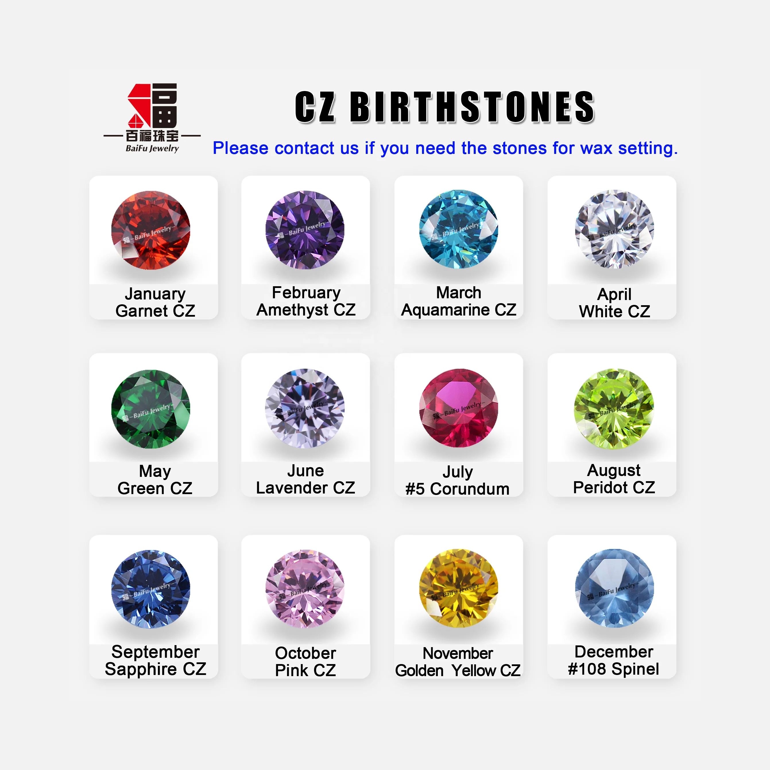 machine cut 12 month colors AAAAA top quality loose cz stone birthstone