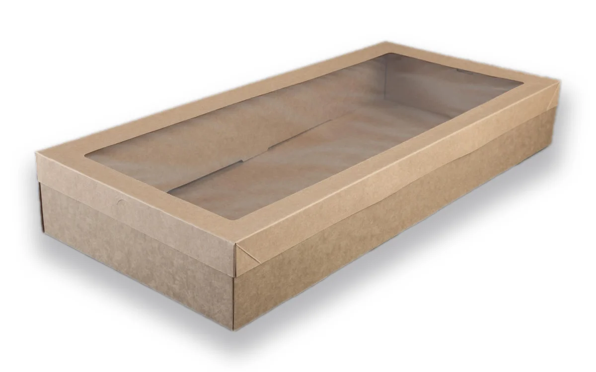 Grazing boxes corrugated paper catering trays, E/F flute brown box with window for cupcake  takeaway