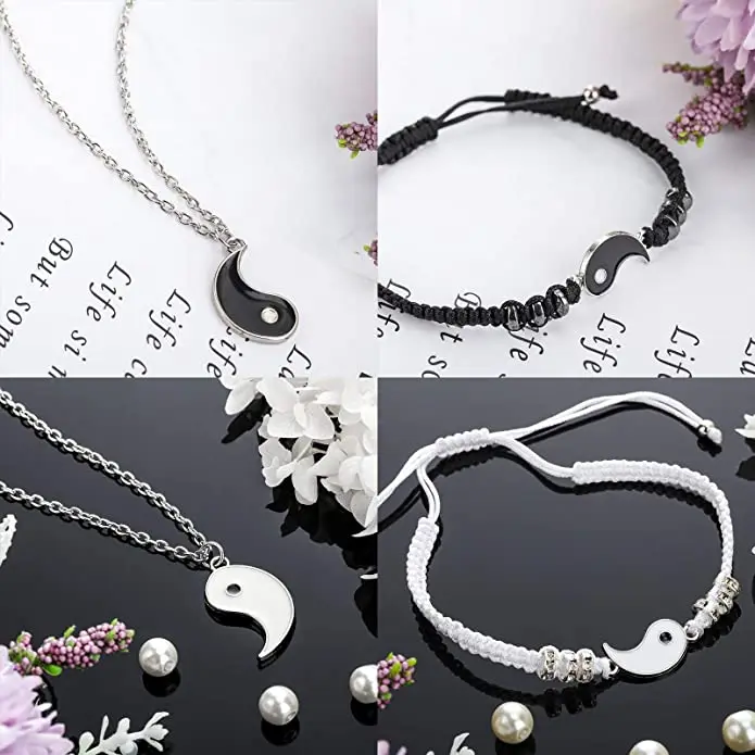 2 Pieces Matching Yin Yang Adjustable Cord Couple Bracelet with Necklace Set,Yin Yang Couple Pendant Necklace Chain