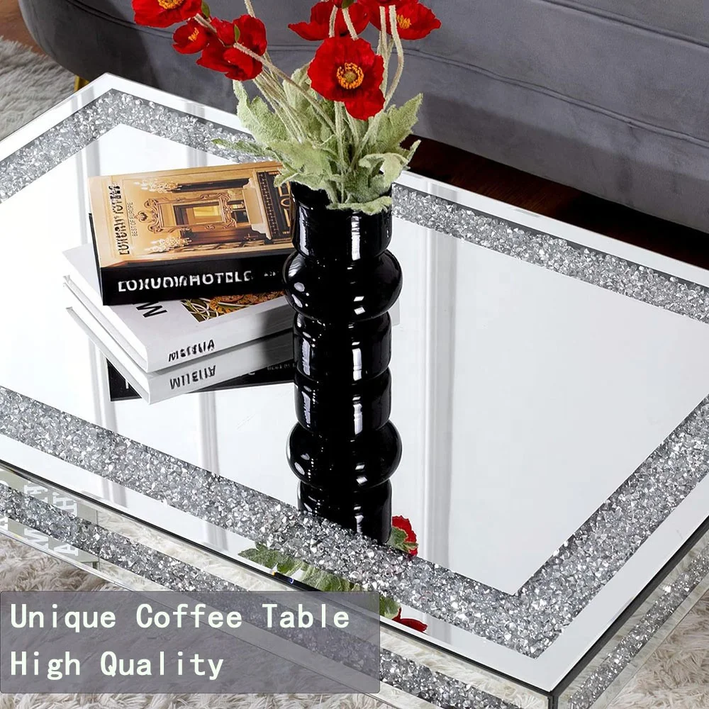 Belleworks Mirror Furniture Glass Rectangle End Table Diamond Tea Center Table Luxury Mirrored Coffee Table For Living Room