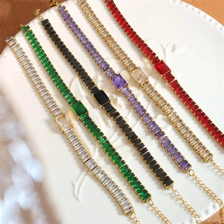 Luxury Stainless Steel Fashion Jewelry Baguette Cz Diamond Square Cluster Iced Out Gold Tennis Chain Crystal Necklace