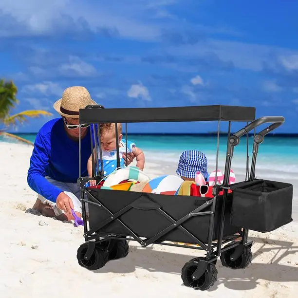 High Quality Trolley Cart Portable Folding Wagon Heavy Duty Steel Mesh Kids Folding Metal beach Wagon