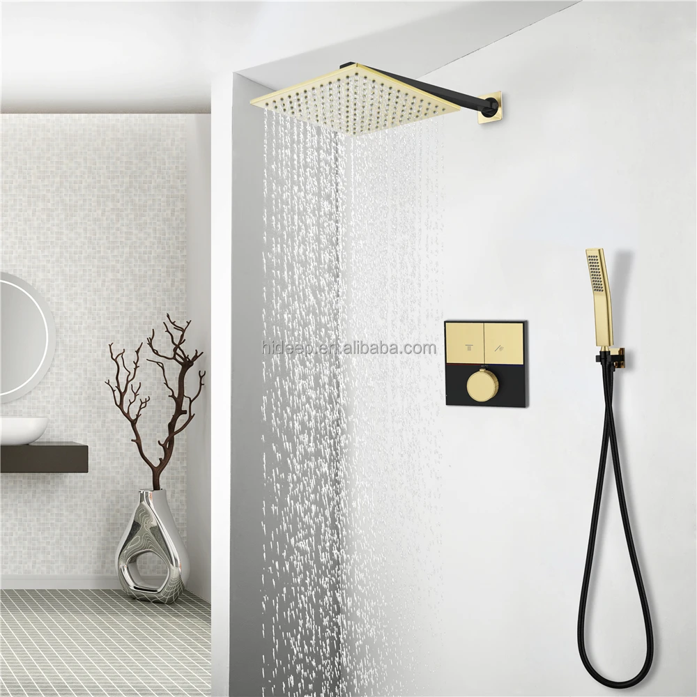 HIDEEP Wall Mounted 10 Inch Shower Head Thermostatic Button Control Shower Faucet Set