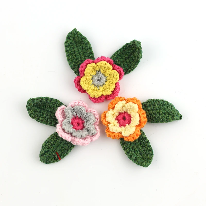 Ручная работа, вязаный крючком цветок с зелеными листьями, 3D хлопковый цветочный мотив, сделай сам, одежда, повязка для волос, сумка, аксессуары