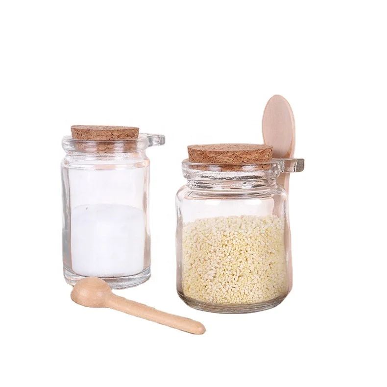 Wholesale 100ml 250ml air Tight Food Grade Glass Jars With Cork Top Lid and Spoon/3oz 8oz Jar Spoon