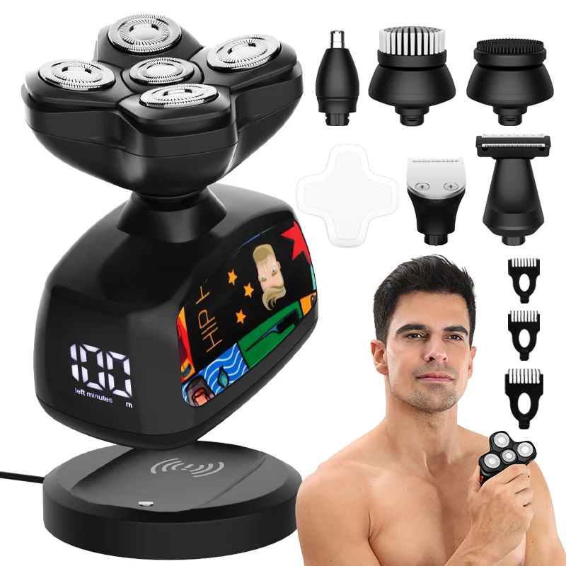 Suttik JK-1368 Graffiti Wireless Charging Shaver IPX6 Waterproof Affordable Multifunctional 5D Bald Head Shaver for Men 6 in 1