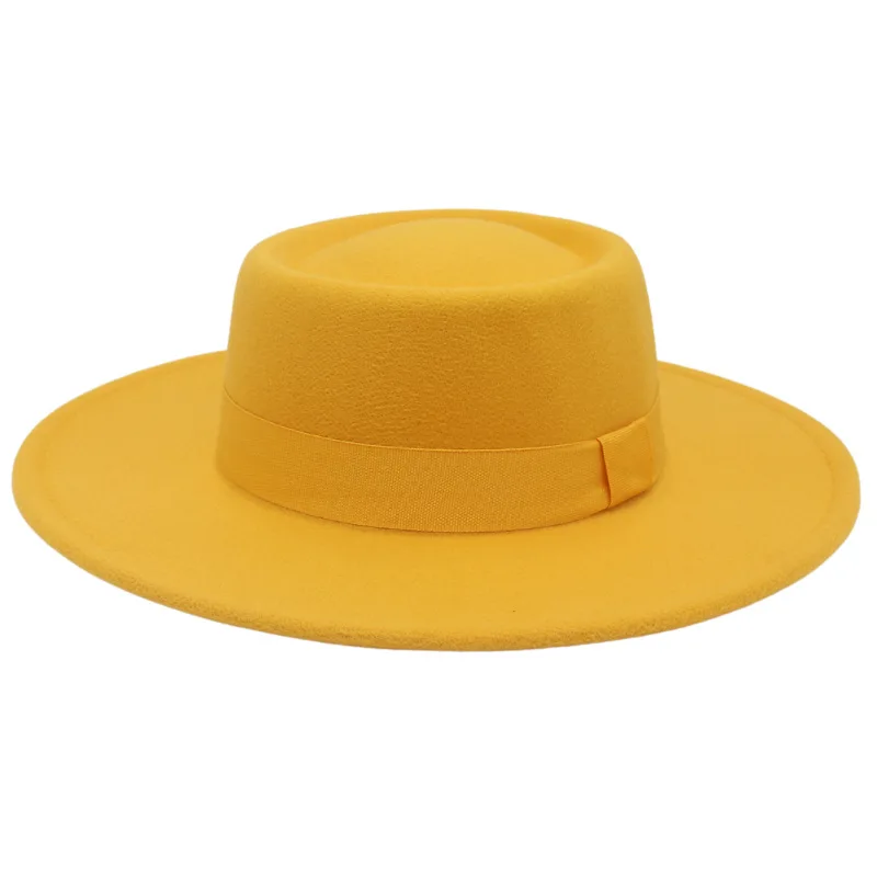 Wool Felt Boater Fedora Flat Top Hat Wide Brim Classic Fedora Hat Flat Top Felt Wide Brim Hat for Women and Men