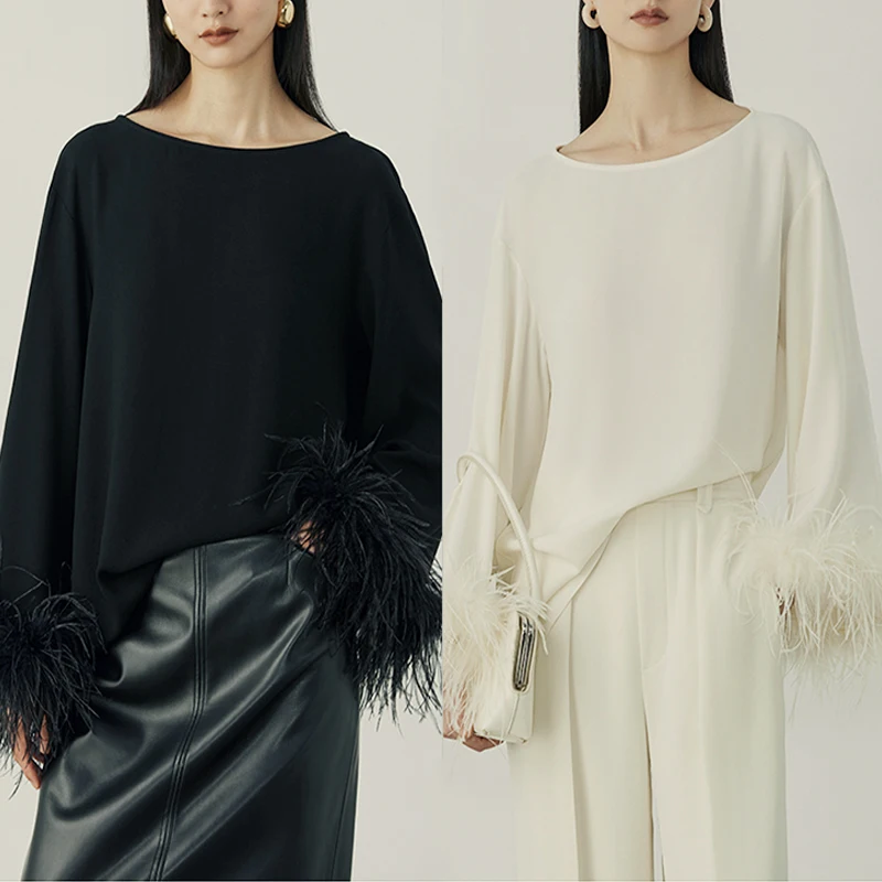 Custom Design Women Elegant Sexy Loose Fit T Shirt Round Neck Feather Long Sleeve Top T Shirt Ladies Outfit Clothes