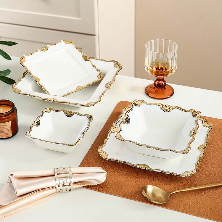 New Design Luxury White Gold Rim Ceramic Dinner Plates For Hotel Restaurant Wedding Party