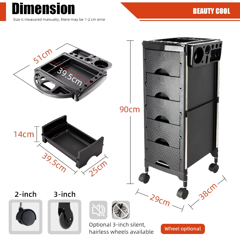 Quality 5-Drawer Stainless Steel New ABS Plastic Storage Trolley for Hair Salon Beauty Salon Living Room Workshop Hotel Use