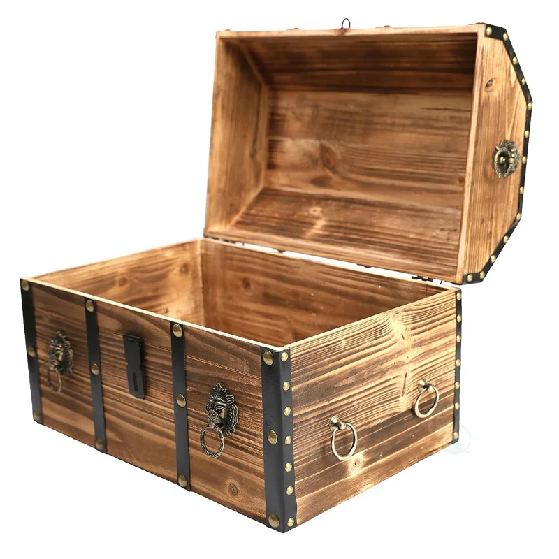 Decorative Wooden Treasure Chest Keepsake Box Large Wooden Pirate Lockable Trunk with Lion Rings